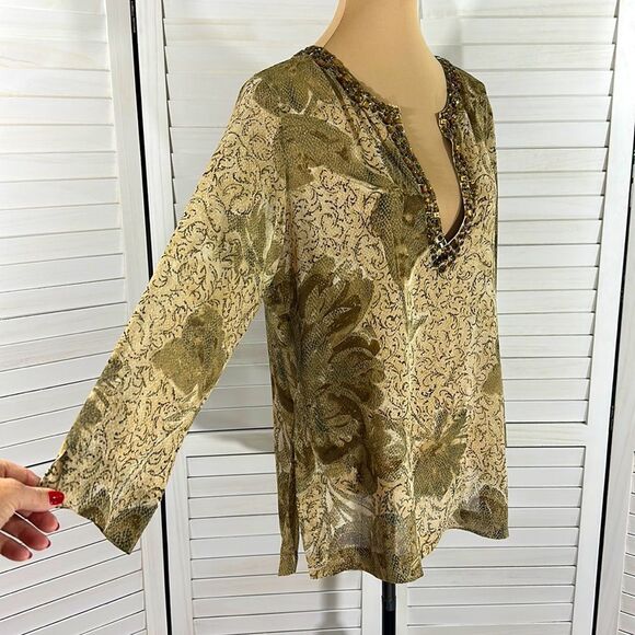 Chico's Tunic Top Size 1 (8) Gold Glam Kanya 100% Silk - Picture 6 of 13